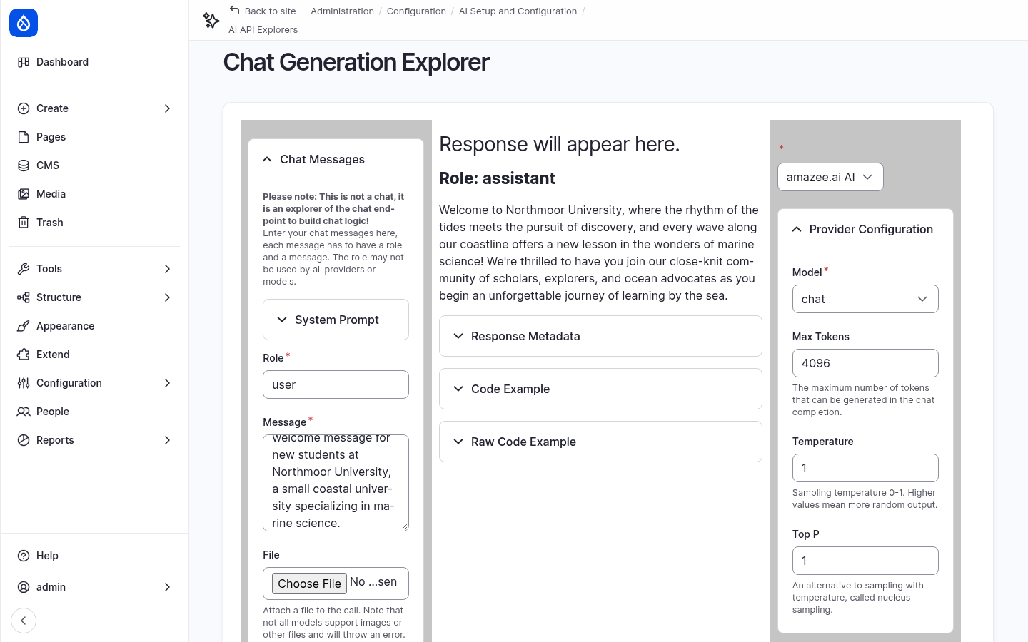 The Chat Generation Explorer with a response