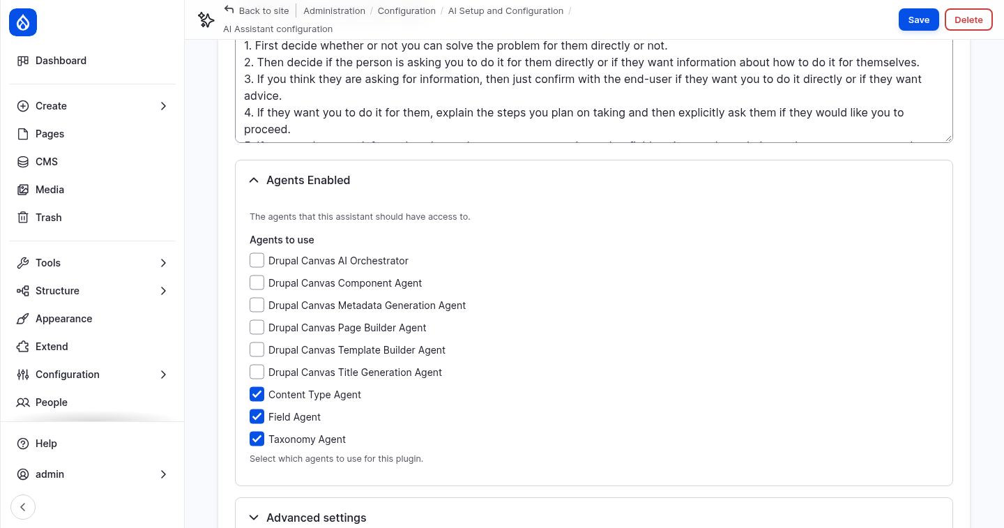 The agents enabled for the assistant