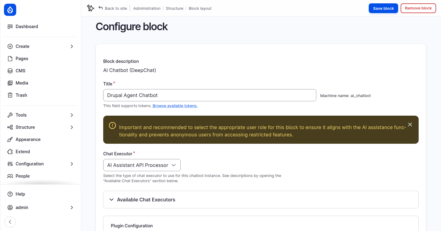 The chatbot block configuration