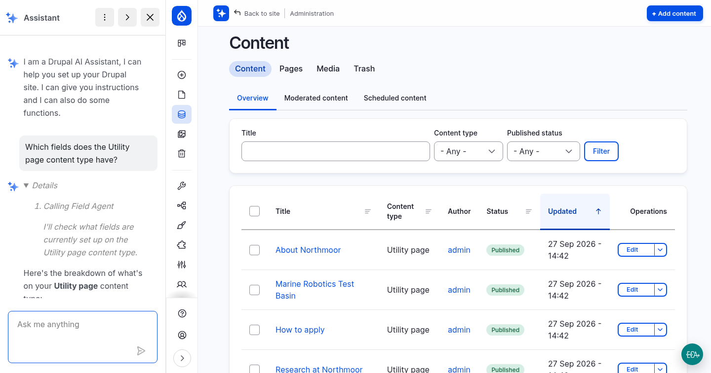 The Drupal Agent chatbot with the tool call details
