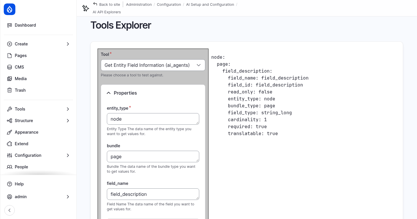 The Tools Explorer running Get Entity Field Information
