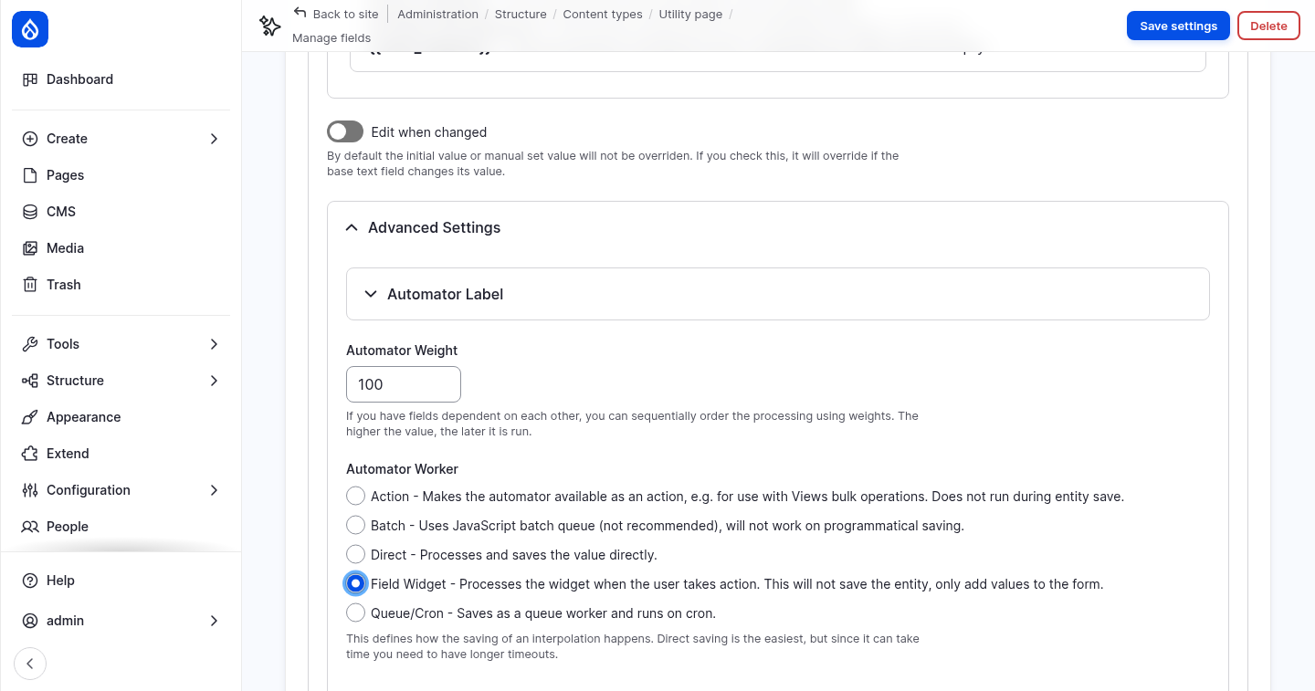 The advanced automator settings with the Field Widget worker
