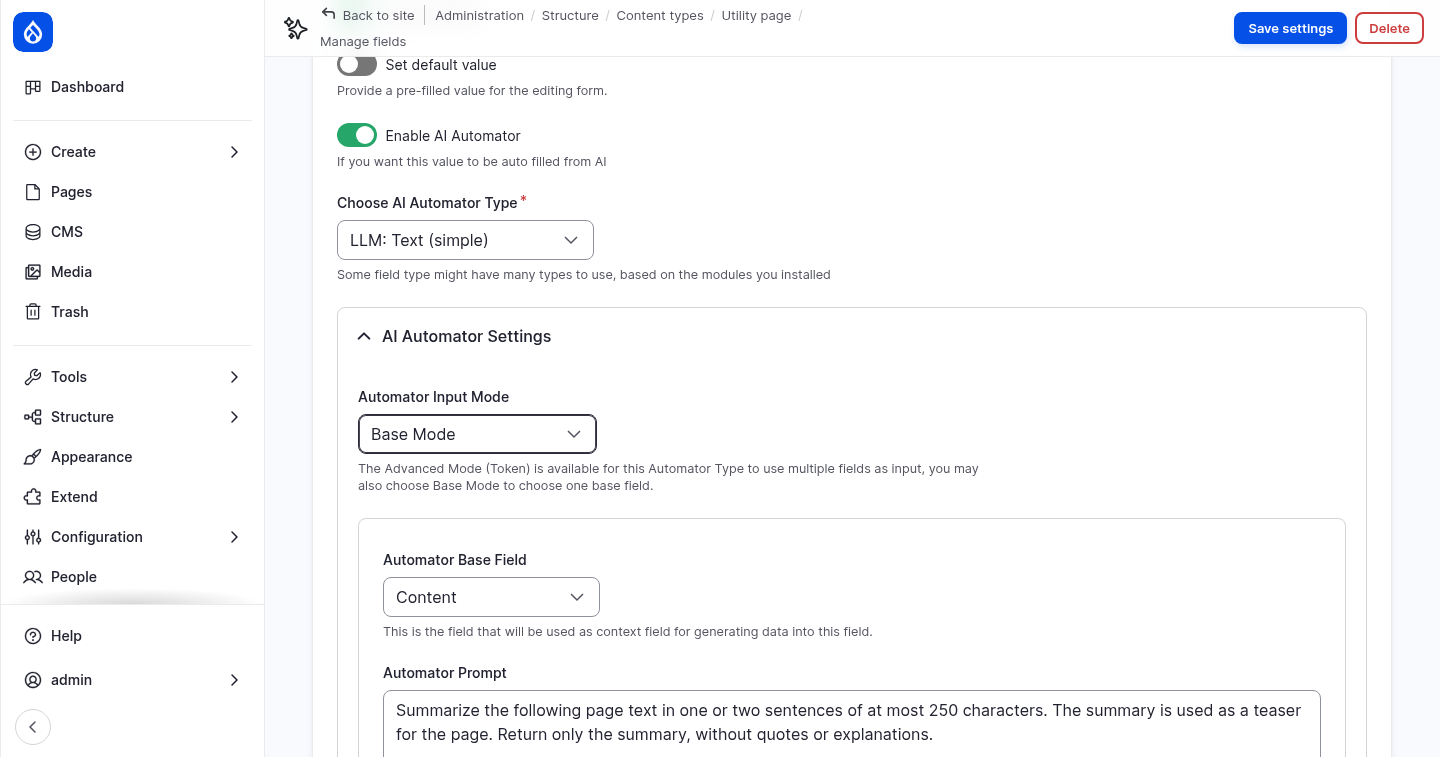 The automator settings of the Description field