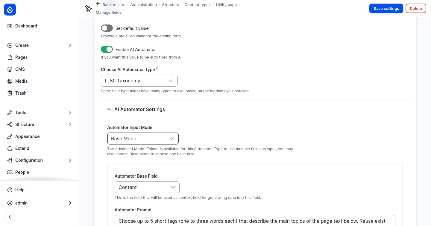 The automator settings of the Tags field