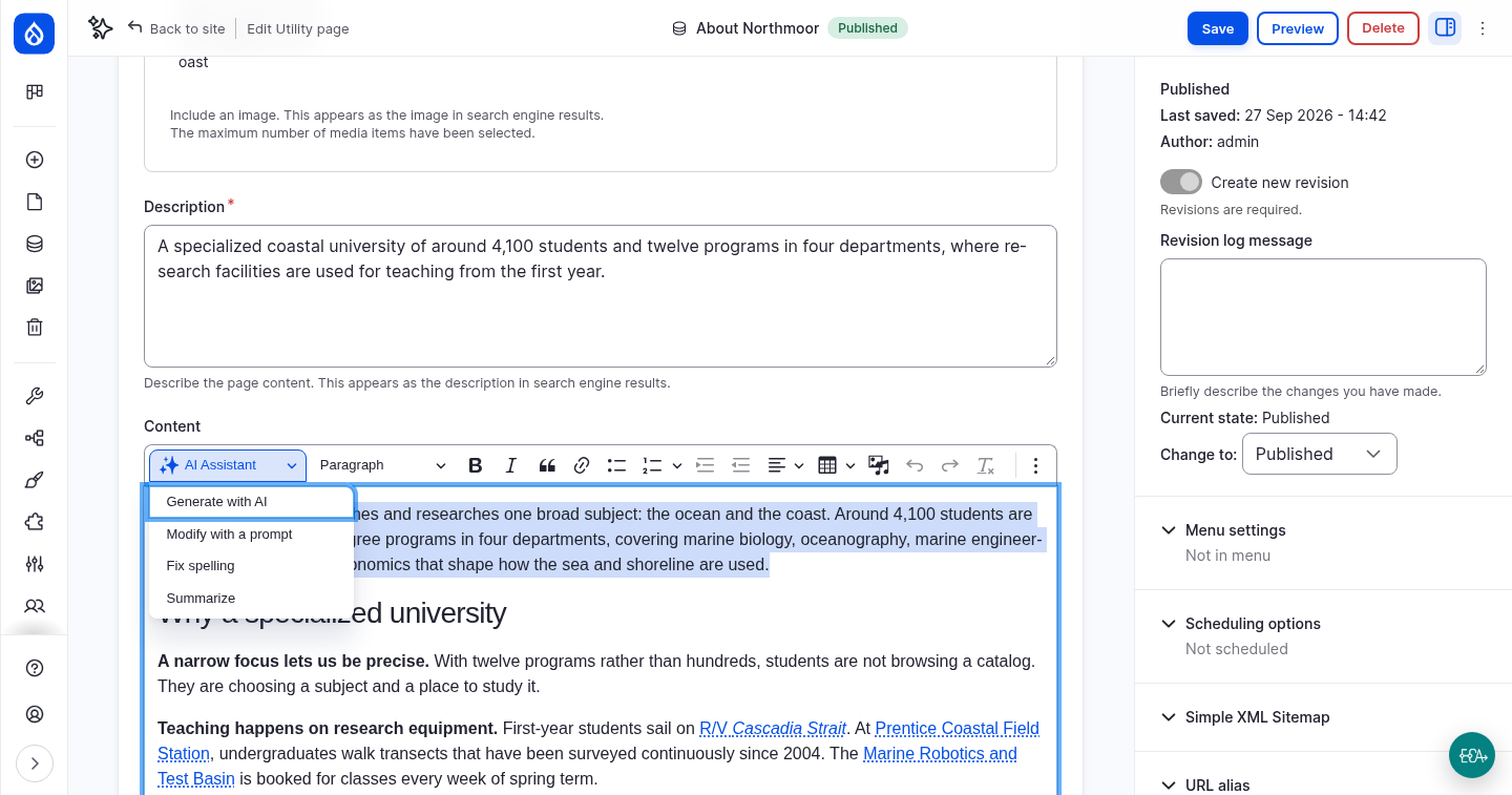 The AI Assistant menu in CKEditor
