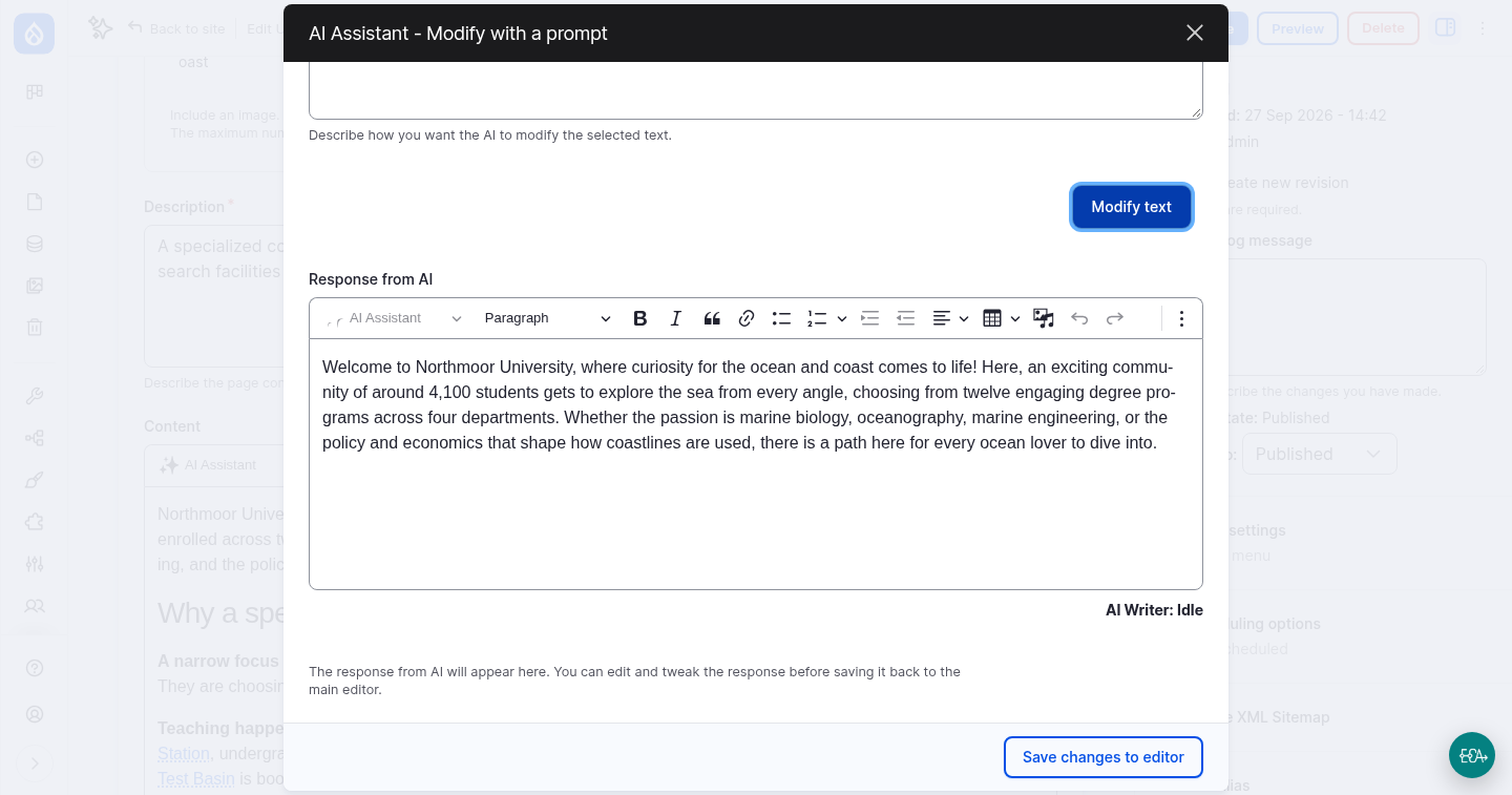 The AI response in the Modify with a prompt dialog