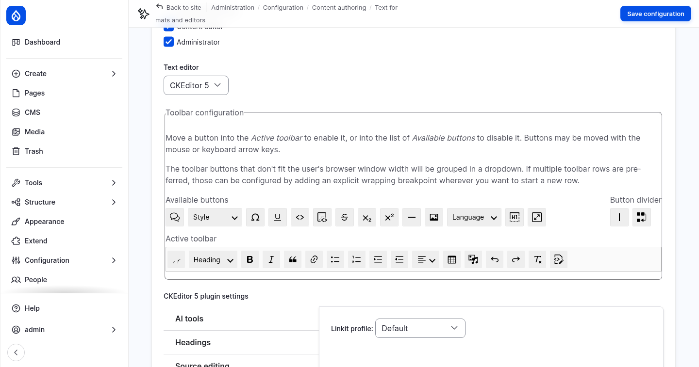 The AI CKEditor button at the start of the active toolbar