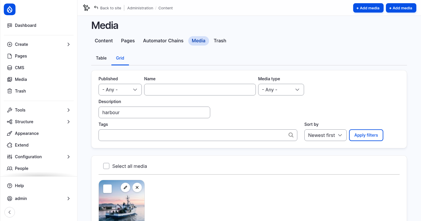 The media library filtered by description