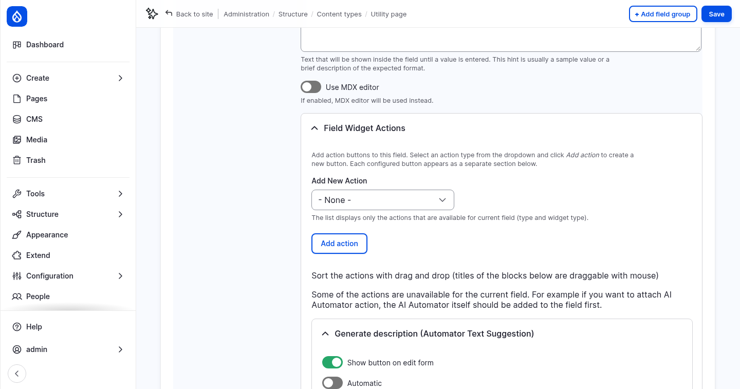 The Field Widget Actions settings of the Description field
