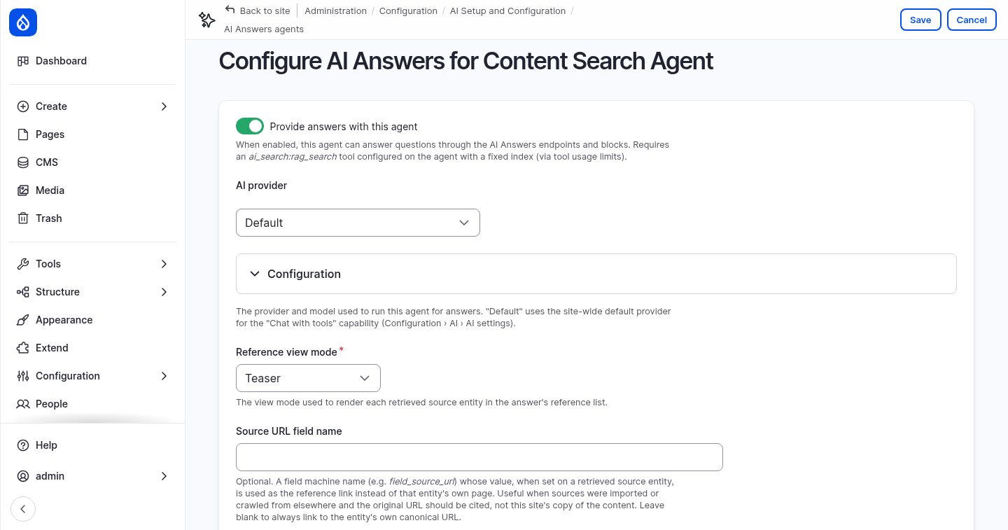The AI Answers settings of the Content Search Agent