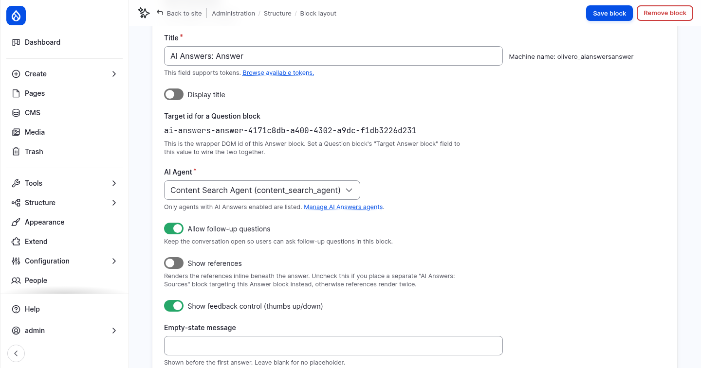 The Answer block settings