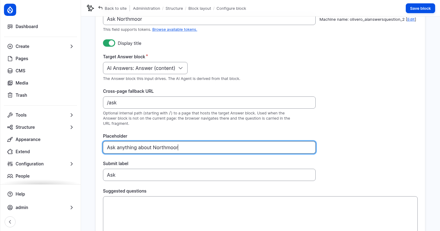 The footer Question block settings