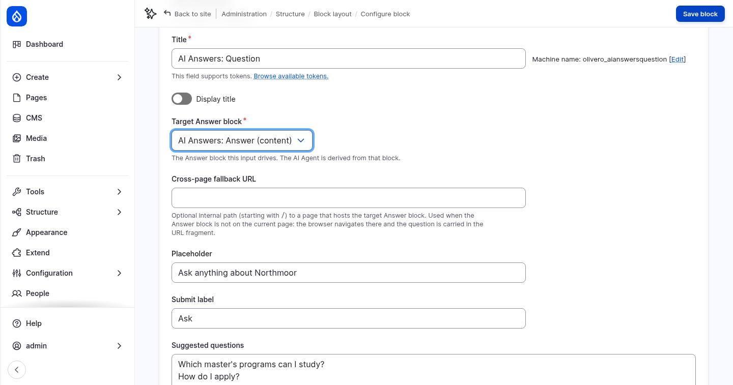 The Question block settings