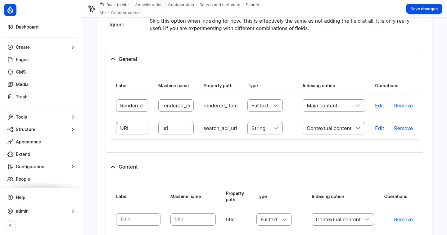 The fields of the Content Vector index