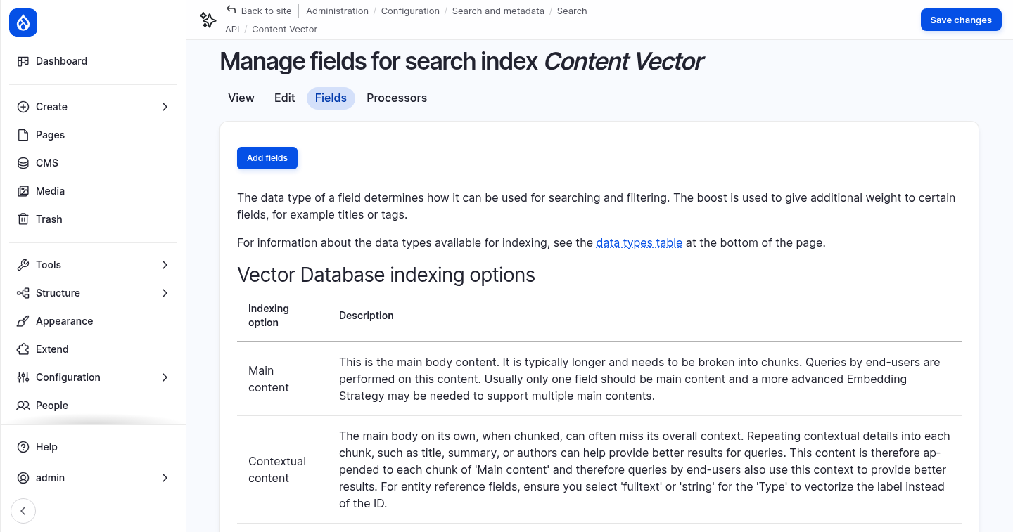 The Vector Database indexing options