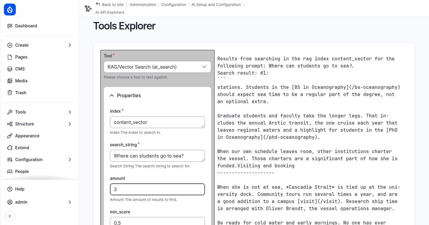 The RAG/Vector Search tool in the Tools Explorer