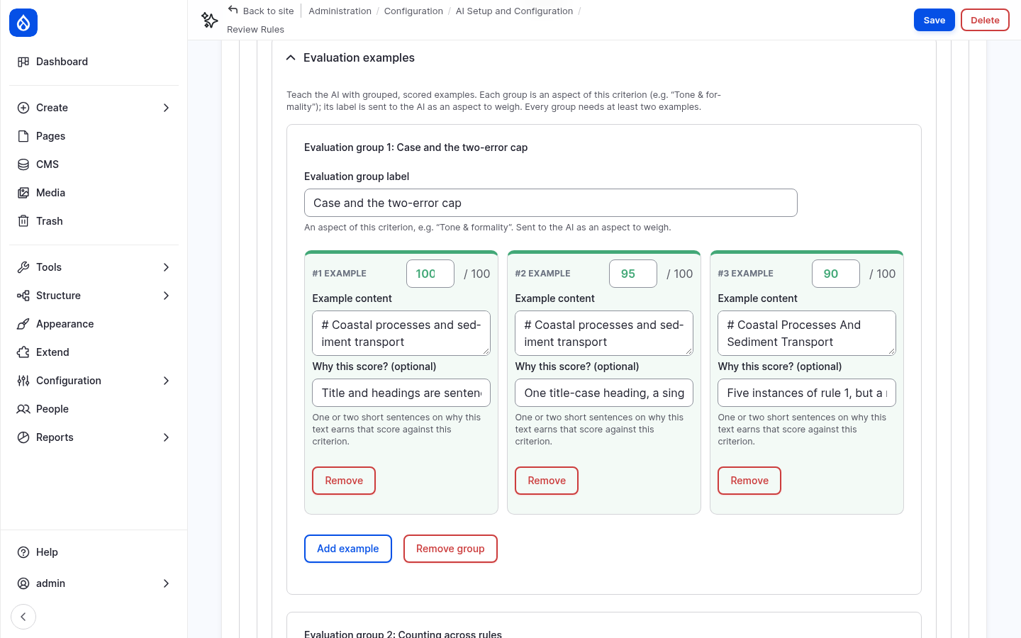 The evaluation examples