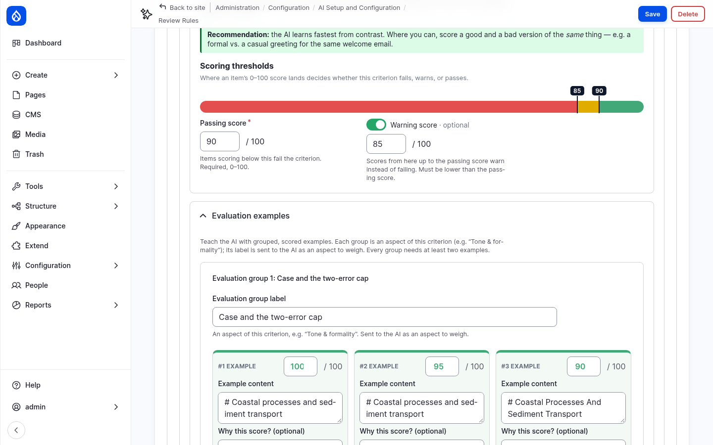 The scoring thresholds